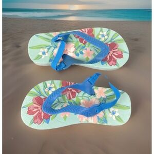 Floral Flip Flop Sandals Kids Size 7/8 Blue Tropical Backstrap Beach Shoes